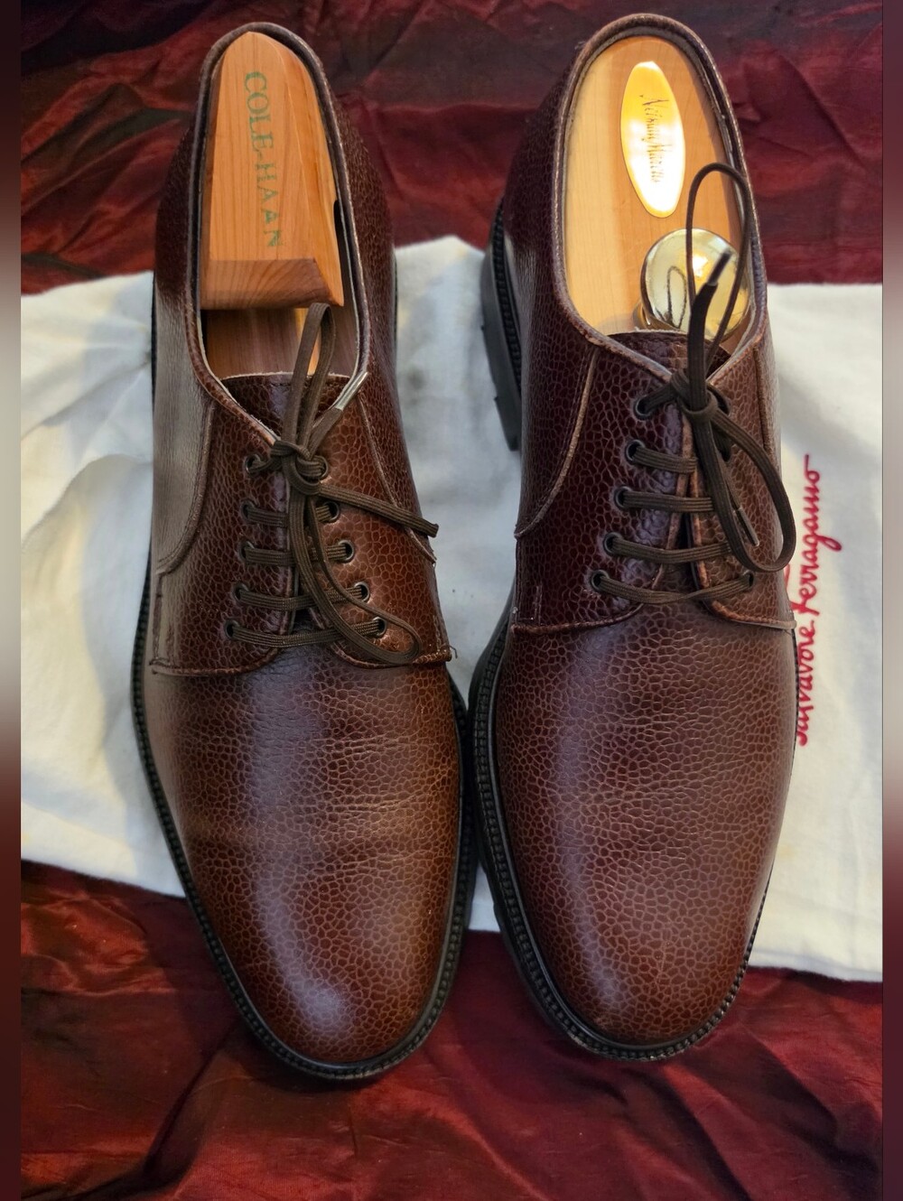 Salvatore Ferragamo Men’s Textured Brown Leather Derby Shoes